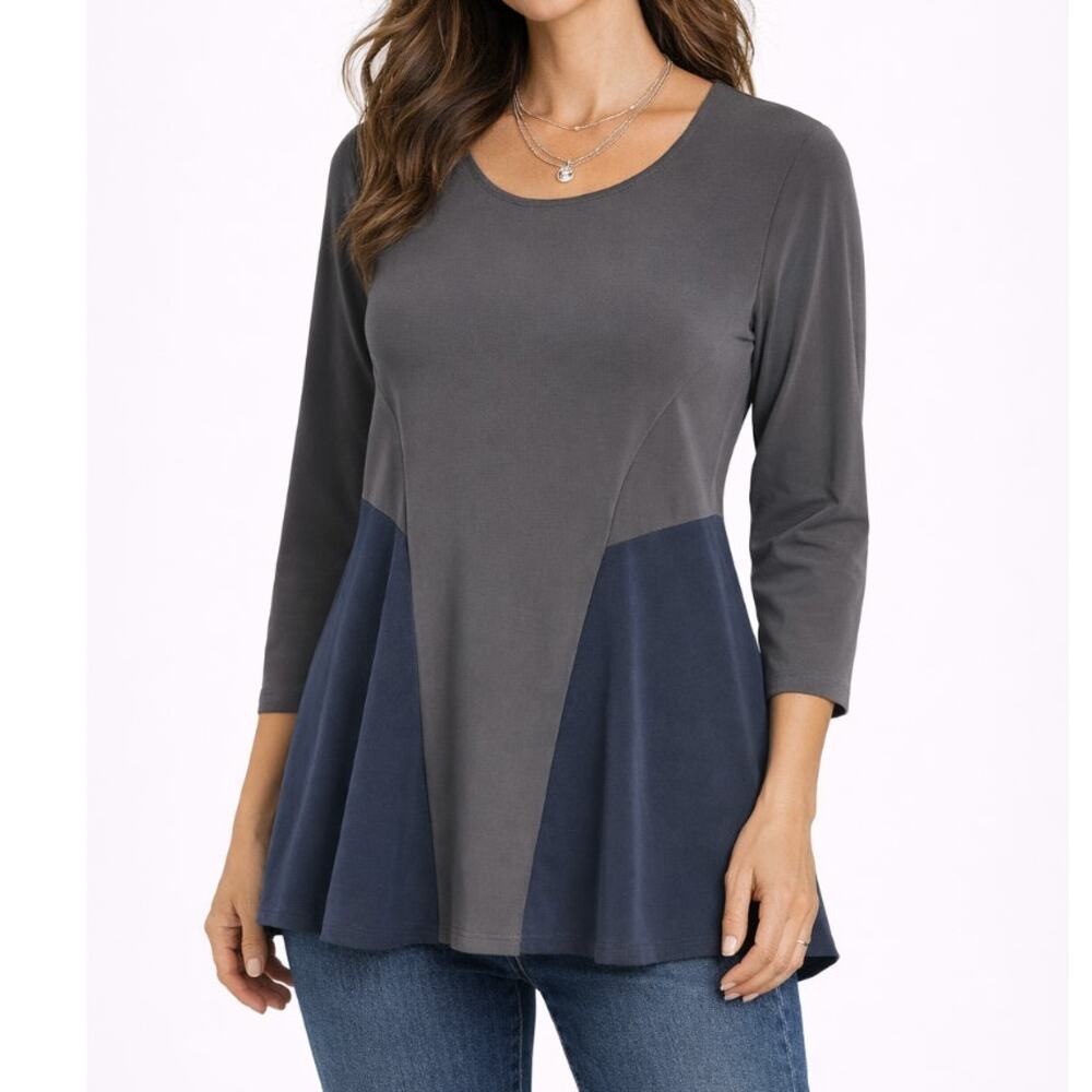 Sun Kim Liquid Knit Tunic Gray Navy Color Block Pattern Size S Normcore Travel